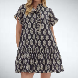 Entro Boho Botanical Print Ruffled Mini Dress in Black Size S